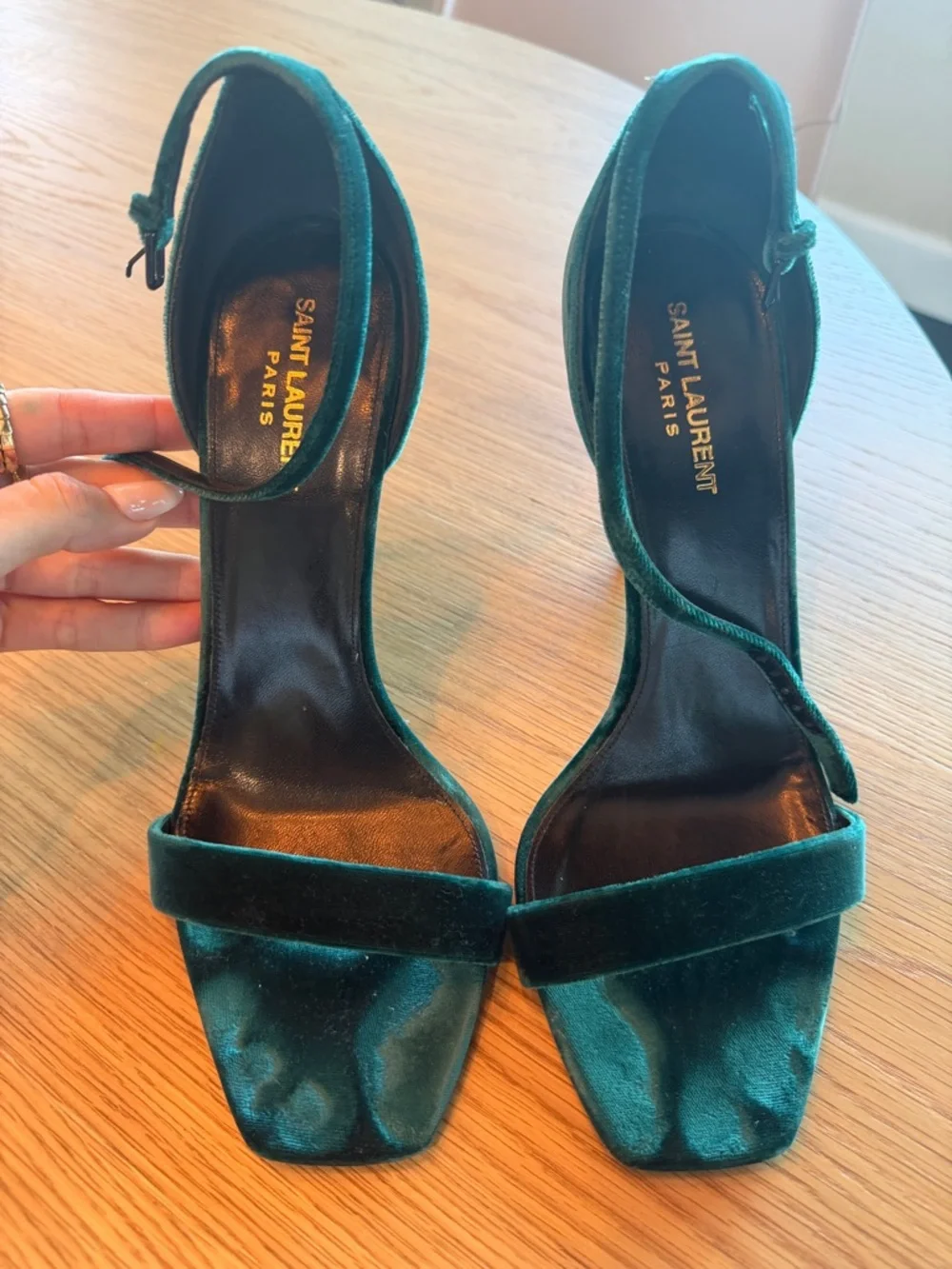 Saint Laurent Emerald Green Velvet Ankle-Strap Stiletto Sandals - Picture 2 of 10